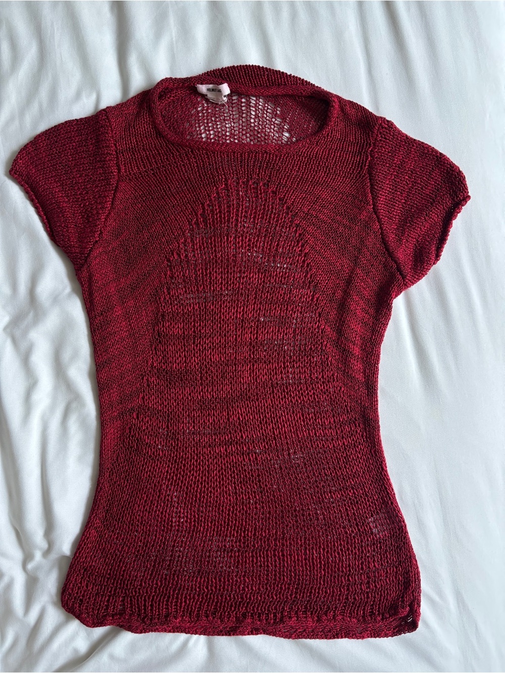 Helmut Lang Red Knit Short Sleeve Sweater Top
